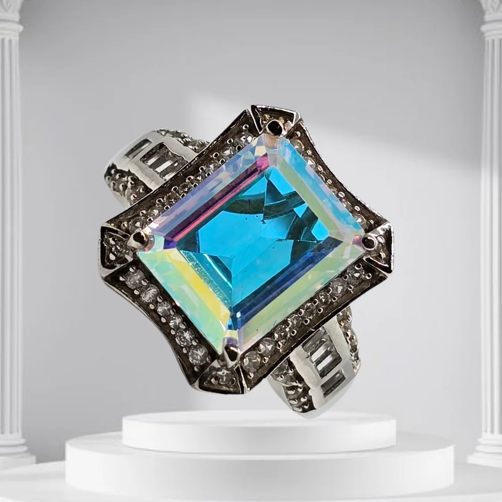 Mercury Mystic Topaz, White Zircon Ring In Platinum Over Sterling. Size 5 NWOT